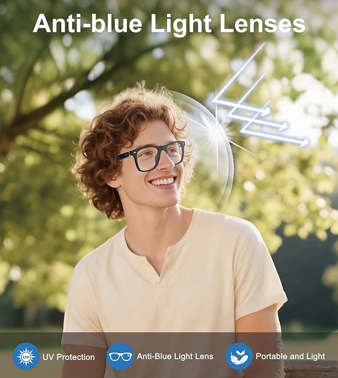 Smart Glasses for Men & Women, Built-in Mic & Speakers Bluetooth Audio Glasses, Blue Light Filter & Polarized UV 400 Protection Lenses Open-Ear Bluetooth Glasses for Android iOS, Black