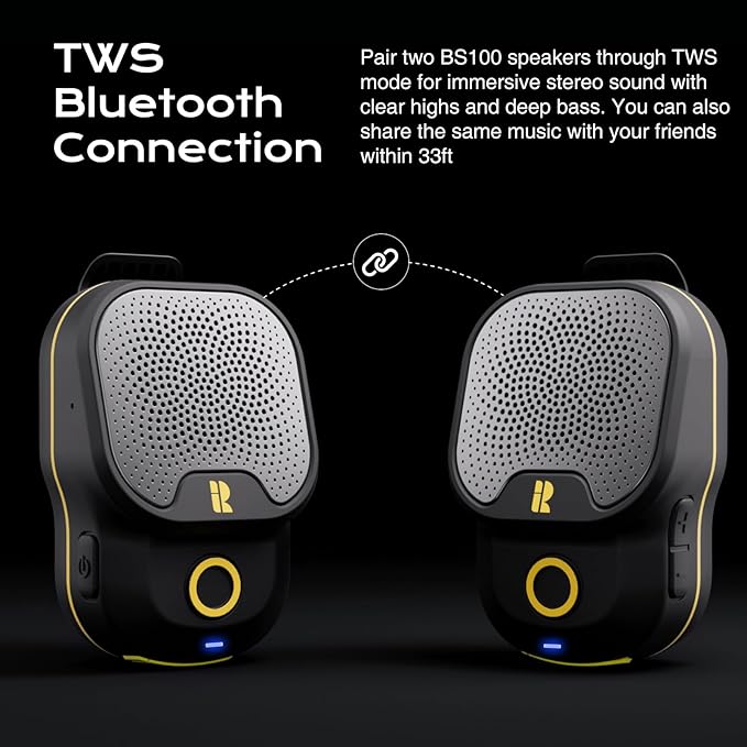 Rythflo Wearable Bluetooth V5.3 Speaker, 30H Working Time Clip-On Wireless Jobsite Water-Resistant TWS Portable Speaker, IPX7 Waterproof, Built-in ENC Mic for Hands-Free Music/Calls