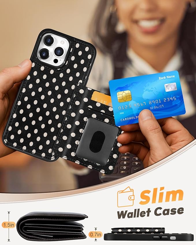 for iPhone 13 Pro Max Case with Wallet - Fits 4 Card Slots, Compatible with MagSafe for Women Aesthetic PU Leather Credit Card Holder Kickstand Phone Cover for Apple 13 Promax, Black Polka