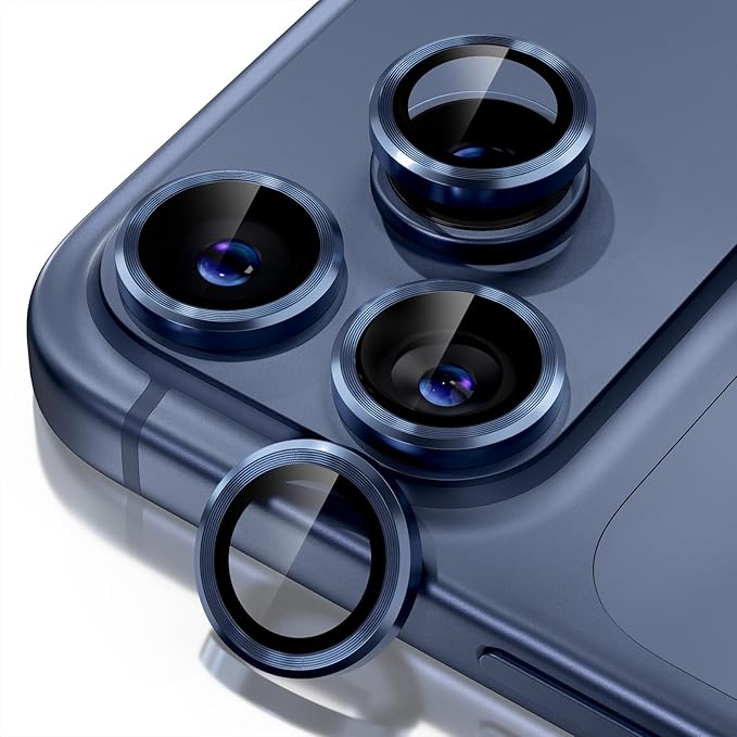 Misea Compatible for iPhone 17 Pro/iPhone 17 Pro Max Camera Lens Protector, Ultra-HD Tempered Glass Camera Cover Screen Protector Metal Individual Ring Protector Decoration Accessories, Blue