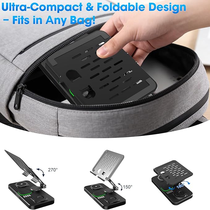 6 in 1 Wireless Charger for Apple Device, 30W Foldable Wired Charging for ipad with Clock & 7 Color Ambient Light, Nightstand Charger Station for iPhone 17/16/15/iWatch Series/AirPods 4/Pro 3(Black)