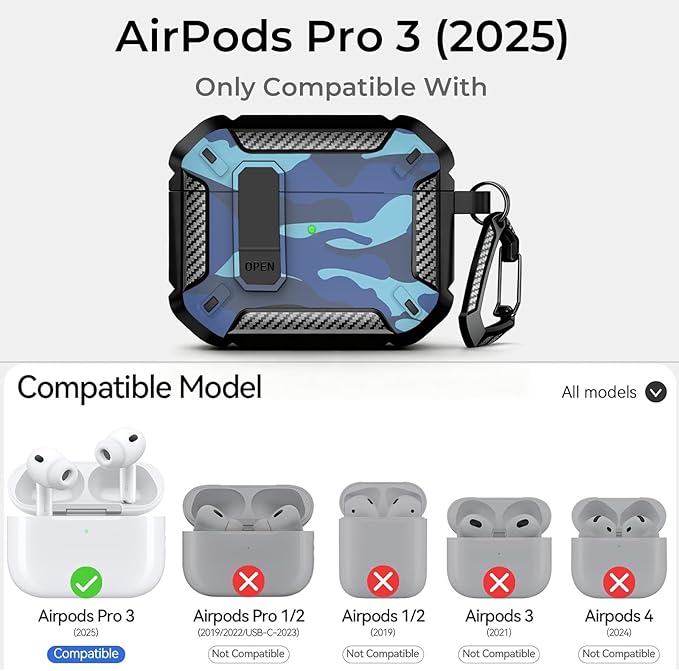 for AirPods Pro 3 Case, Secure Lock Cases Cover with Carabiner Compatible with Airpods Pro 3rd Generation Case, Full Body Shockproof Protective AirPod Case for Men WomenCamouflage Blue