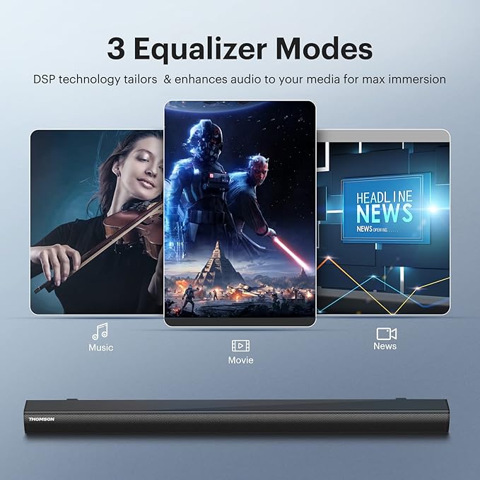 THOMSON Sound Bars for TV, HiFi Stereo TV Speakers Home Theater Surround Soundbar with Bass Reflex Speaker, 35-Inch, Bluetooth 5.0, 3 EQ Modes, DSP Audio, Adjustable Bass, HDMI/ARC/AUX/Opti/Coax/USB