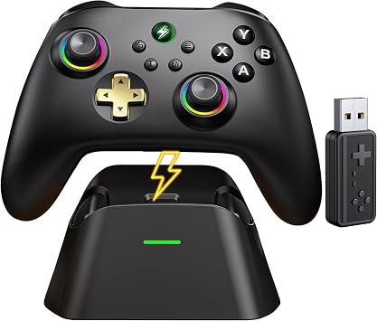 Wireless PC Controller with Charging Dock, Hall Effect Joysticks No Drift, 1000Hz Polling Rate Gamepad for Windows PC/Switch/Android/iOS, Programmable Back Buttons, RGB Light