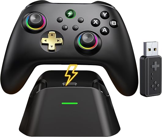 Wireless PC Controller with Charging Dock, Hall Effect Joysticks No Drift, 1000Hz Polling Rate Gamepad for Windows PC/Switch/Android/iOS, Programmable Back Buttons, RGB Light