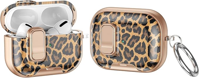 Case Compatible with AirPods Pro 3 2025,Elegant Leopard Pattern Cover for AirPods Pro 3rd Gen with Built-in Phone Stand,One-Click Secure Lock & Carabiner,Wireless Charging,Gift for Girls Women