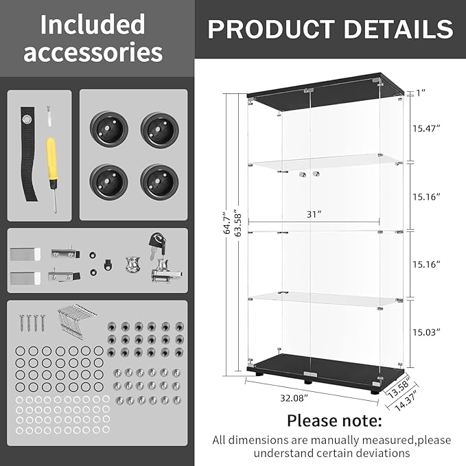 LFT HUIMEI2Y Glass Display Cabinet 4-Shelf with Double Door, Curio Cabinets Fast Installation in 30 Mins, Tempered Glass Floor Standing Bookshelf for Bedroom, Living Room 64.7”x 32”x 14.4” Black