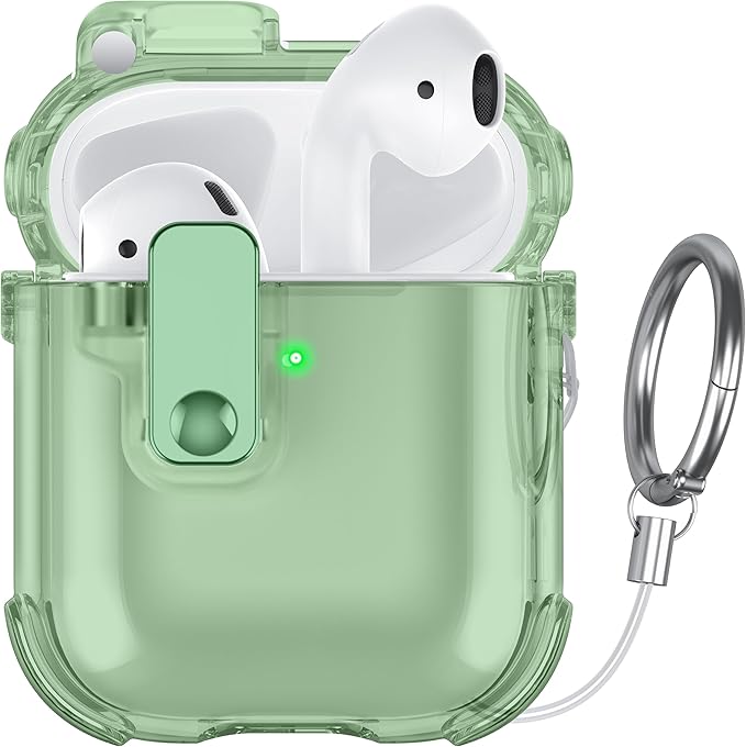 Case for AirPods 1/2 Case Cover with [Lock Safety & Pop Up][Military Shockproof] Anti-Yellow Transparent Soft TPU Wireless Charging for AirPods 1st/2nd Generation Case with Keychain,Clear Green