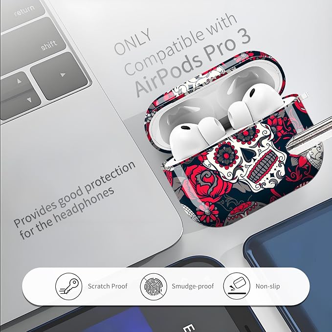 AirPod Pro 3 (2025) Case Cover for Women, Cute Shockproof TPU Protective Case with Gold Round Buckle, Anti-Drop Design Cute Red Skull