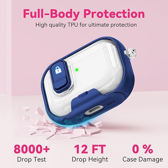 for Airpods Pro 3 Case 2025, Anti-Yellowing Clear Case for Airpods Pro 3 with Secure Lock & Phone Stand, Soft TPU Drop Protection Cover with Cleaning Kit (Navy Blue)