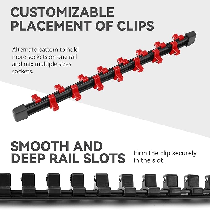 ALOANES 18PC ABS Socket Organizer, Socket Rails Fit 1/2 inch, 3/8 inch and 1/4 inch Drive, toHeavy Duty Socket Holders Hold up to 258 Sockets, Black Rails with Red Clips
