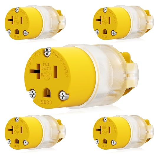 ELEGRP Lighted 20 Amp 125 Volt NEMA 5-20R 2 Pole 3 Wire Grounding Straight Blade Electrical Plug Replacement Cord Outlet Commercial Grade, Yellow, 5 Pack