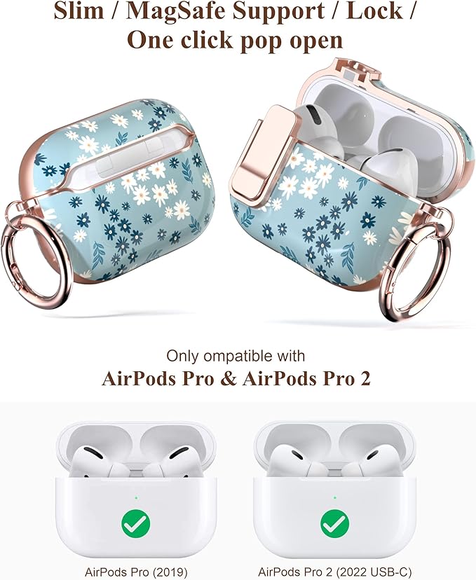 TATOFY for AirPods Pro 2nd Generation Case with Lock Carabiner Cleaner, Slim AirPod Pro 1st & 2nd Hard Case Cover, Compatible with MagSafe (Cyan)