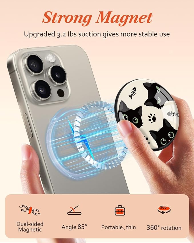 Kidcube Magnetic Phone Grip Compatible with Magsafe - Cell Phone Grip Stand Magnetic Ring Holder Finger Kickstand for iPhone 17 16 15 14 13 12 Series Magnet Removable Accessories Cute Catoon Cat Fish