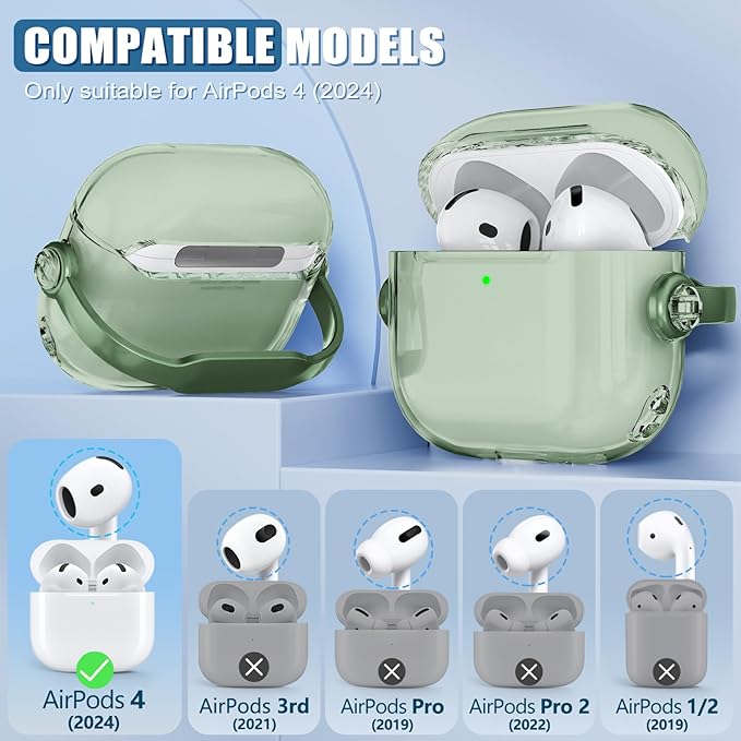 Safety Lock for Airpods 4 Case,TPU Clear Case for Apple Airpods 4 Case 2024 USB-C with Cleaner Kit, Drop Protection Airpods 4 Case Cover for Men for Women with Lock and Keychain, Clear Green