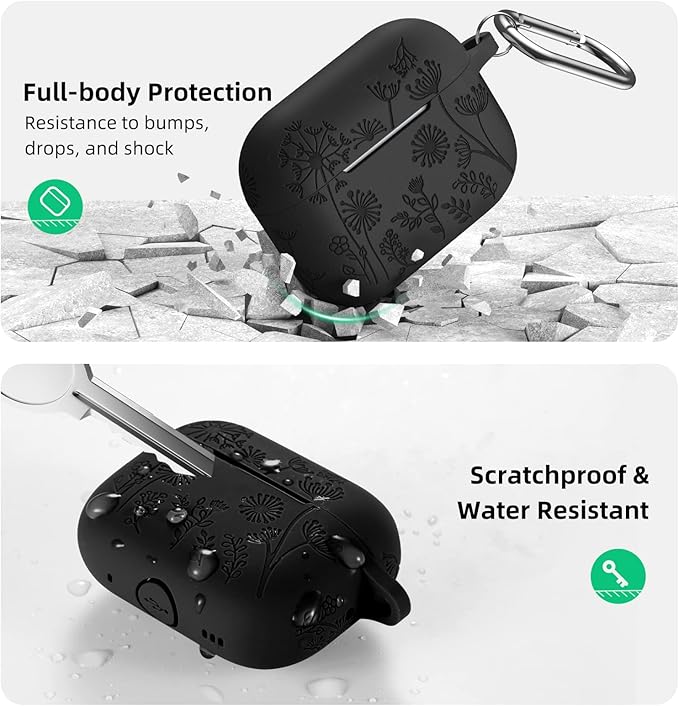 Lerobo Flower Engraved Case Compatible with Apple AirPods Pro 2 Case Cover Full Protective Cover for AirPods Pro Case 2nd 1st Generation 2022/2023 USB C Cute Soft Silicone Skin Front LED Visible Black