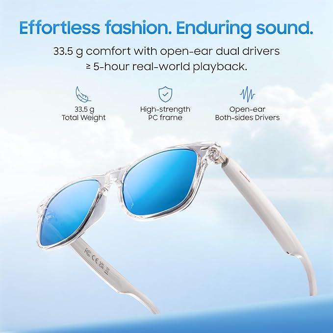LIMU Gen 5 Smart Glasses, AI Glasses with Real-Time AI Interpreter - Open-Ear Bluetooth Glasses with Speakers for Calls & Music, Touch Control, Ice-Blue Lens Style, Premium Build for Women & Men