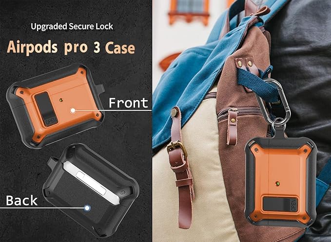 for Airpods Pro 3 Case with Magnetic Automatic Lock, Rugged Apple Airpods Pro 3rd Generation Cover 2025, Armor Shockproof iPod Pro3 Gen Protective Shell with Carabiner&Cleaner kit, Black/Orange
