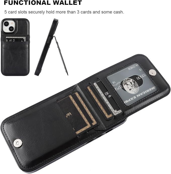 KIHUWEY Compatible with iPhone 15 Case Wallet with Credit Card Holder, Flip Premium Leather Magnetic Clasp Kickstand Heavy Duty Protective Cover for iPhone 15 6.1 Inch (Black)