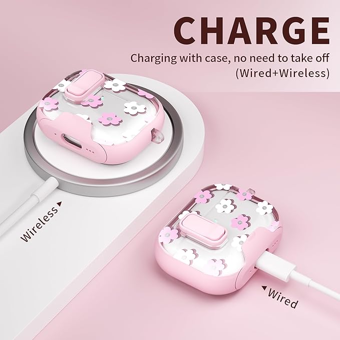 for AirPods Pro 3 Case(2025) with Secure Lock Clip and Phone Stand,Floral Girly Style Protective Cover with Cleaning Kit and Hand Strap for Apple AirPod Pro 3 Generation (Pink Petals)