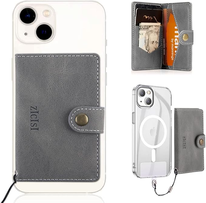 Magsafe Phone Wallet,Magnetic Wallet for iPhone 16/15/14 Pro Max/14 Pro/14 Plus/13/12 Series,5 Card Slots with RFID Blocking/Tether Tab/Rop,Anti-lost,Vegan Leather,Gray