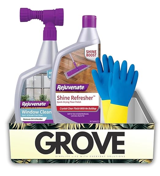 Window Cleaner Spray 32 oz Liquid + Semi-Gloss Floor Polish Bundle with Cleaning Gloves – Removes Outdoor Residue and Refreshes Sealed Floors with Shine Protection – Gift Set (3 Items)