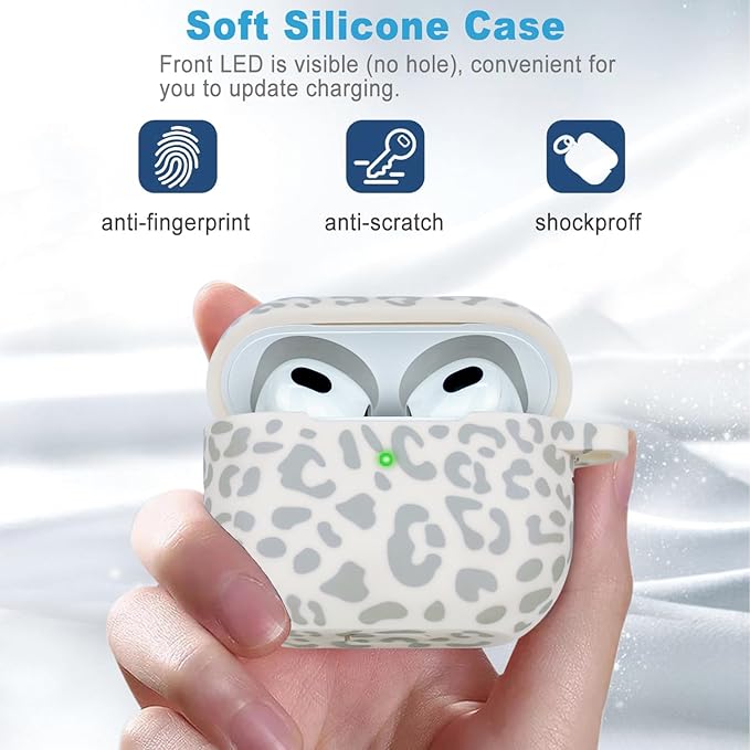 Silicone Leopard Compatible with AirPods 3 Case 2021, Gawnock Soft Case Compatible with AirPods 3rd Generation Floral Print Cover for Women Girls with Keychain (Beige Leopard)