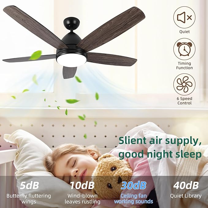 Smart Ceiling Fan with Light, 52 Inch Modern Black Outdoor Ceiling Fan and Remote/App, Dimmable Tri-Color LED and Reversible Motor for Indoor Bedroom/Outdoor Covered Patio