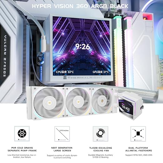 Thermalright Hyper Vision 360 ARGB AIO CPU Liquid Cooler - Magnetic Fixed 3.95" LCD Display Screen, 2150RPM PWM Fans, for AMD AM4/AM5 & Intel LGA1150/1151/1200/2011/1700/1851 | White