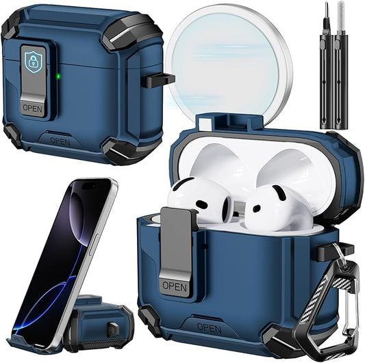 Inesore Compatible with AirPods 4th Case with Phone Stand & Cleaning Kit,Compatible with Magsafe,Magnetic Automatic Lock for Airpods 4 with Active Noise Cancellation Charging Cover (2024) Blue