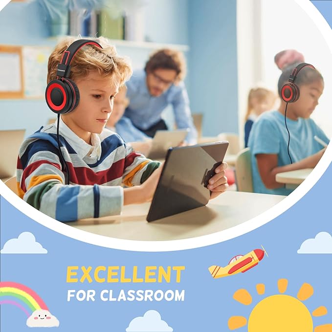 USB Type C Kids Headphones for School, Wired Toddler Headphones, 94dB Volume Limited, HD Stereo Sound, Foldable Lightweight On-Ear Wired Headphones for Kids/Children/Teens/Boys (Red Black)