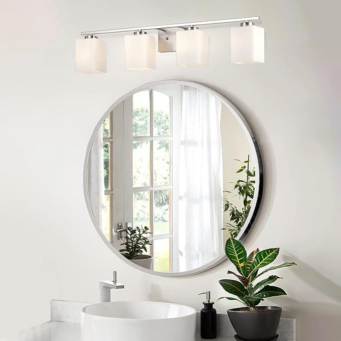 Edvivi Bathroom Light Fixtures, 4-Light Modern Brushed Nickel Vanity Light Over Mirror, Wall Sconces with Square White Glass Shades for Living Room, Bedroom, Hallway, E26 Base