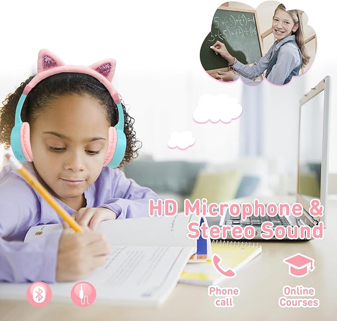 Cat Ear Kids Headphones, Bluetooth Wireless Headphones for Kids, 85dBA Volume Limited, FunShare, Girls Toddlers Children Headset for School/Learning/iPad/Travel