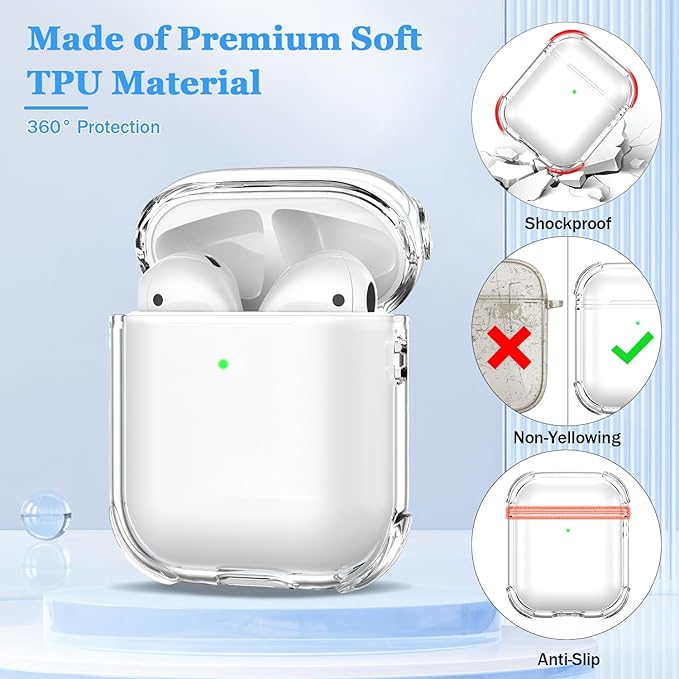 for Airpods 2nd Generation Case Cover, Clear Soft TPU Transparent Four Corner Military Grade Shockproof Protective Case with Cleaning Kit for Airpods 2 Gen Charging case 2019, Clear White