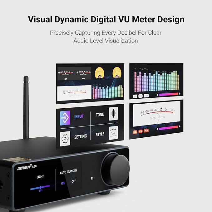 AIYIMA A80 Bluetooth Stereo Amplifier DAC HiFi Home Audio Component TPA3255 with PFFB,2 Channel Hi-Res Class D Power Amp | PC-USB COA Opt Inputs,Digital VU Meter | Pre-Out | TRS Balanced Input |Tone