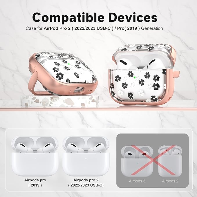 Maxjoy for AirPods Pro 2nd/1st Generation Case, Cute AirPod Pro 2 Case with Safety Lock Hard iPod Pro Cover for Women Men with Keychain for AirPod Pro Cover(2023/2022/2019), Flower