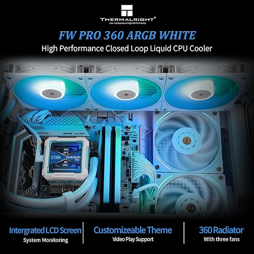 Thermalright FW PRO 360 ARGB White CPU Water Cooler with PWM Fan, 2000RPM Speeds,IPS LCD Screen with 320 * 320 Resolution,Liquid CPU Cooler,for AM5/Intel 1851/1700,2.73inch Display Screen