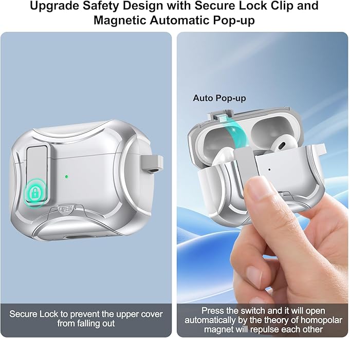 for Airpods Pro 3 Case,Safety Lock&Phone Stand for Airpods Pro 3rd Generation Case Cover,Magsafe Compatible,Auto Pop-up,Military-Grade Protection Design with Carabiner&Cleaning Pen-Silver