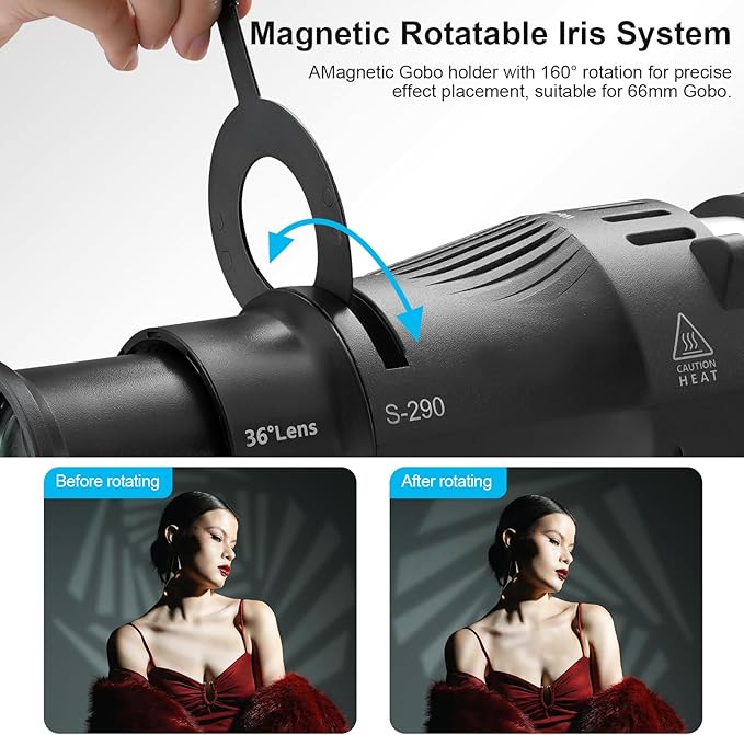 WELLMAKING Bowens Mount Optical Snoot Conical S-290 Kit. Adjustable Focus, 36° Lens, Aperture Modifier, 4 Color Filters, and 12 Gobos; for Photography, LED and Strobe Light, Studio Video Artist
