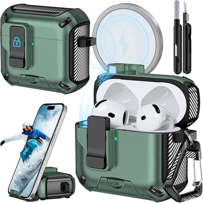 for AirPods 4 Case (2024) with Phone Stand,（with Automatic Snap Switch） Carbon Fiber Design Protection Cover with Cleaning Pen,Light Green