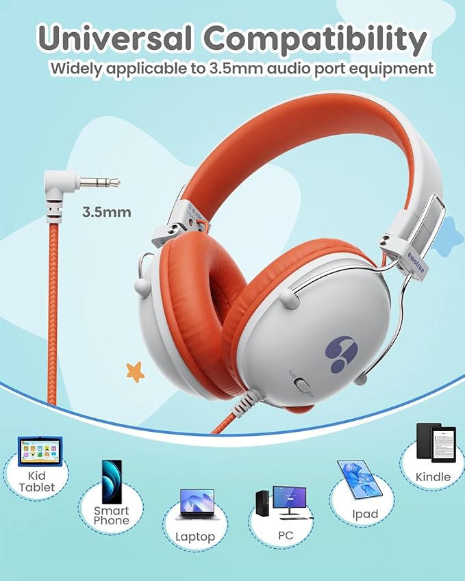 Kids Headphones, 74/85dB Safe Volume Limit, Stereo Sound, Wired On-Ear Headphones for Kids Boys Girls, 3.5mm Jack for Tablet, iPad, Kindle, YOTO Player, Airplane Travel, White