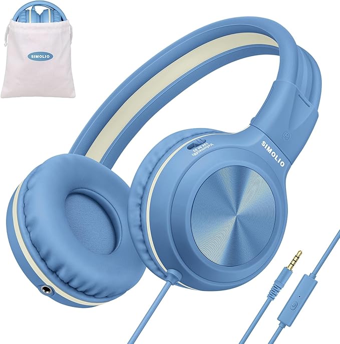 SIMOLIO Over-Ear Kids Headphones with Microphone and Volume Limited Plug in Headphones Wired, Foldable Corded Stereo 3.5mm Headset for Smartphones Chromebook Laptop Computer PC Tablets Travel (Blue)
