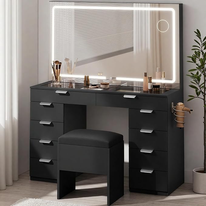 YITAHOME Vanity Desk with LED Mirror & Power Outlets, 10 Drawers Makeup Vanity Table with Storage Stool, Sturdy Wooden Vanity with 3 Color Modes