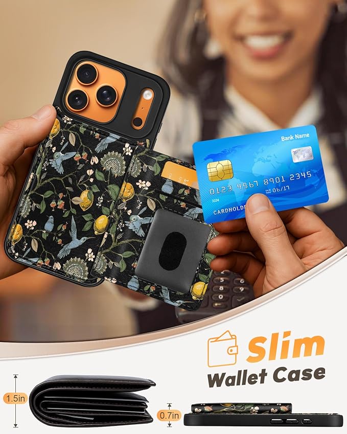 for iPhone 17 Pro Max Case with Wallet - Fits 4 Card Slots, Compatible with MagSafe for Women Aesthetic PU Leather Credit Card Holder Kickstand Phone Cover for Apple 17 Promax, Lemon Bird
