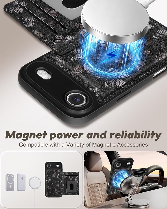 for iPhone 17 Air Case with Wallet - Fits 4 Card Slots,Compatible with MagSafe for Women Aesthetic Durable PU Leather Credit Card Holder Kickstand Phone Cover for Apple 17 Air, Black Butterfly