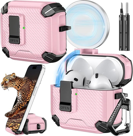 Inesore Compatible with AirPods 4th Case with Phone Stand & Cleaning Kit,Compatible with Magsafe,Magnetic Automatic Lock for Airpods 4 with Active Noise Cancellation Charging Cover (2024) (Pink)
