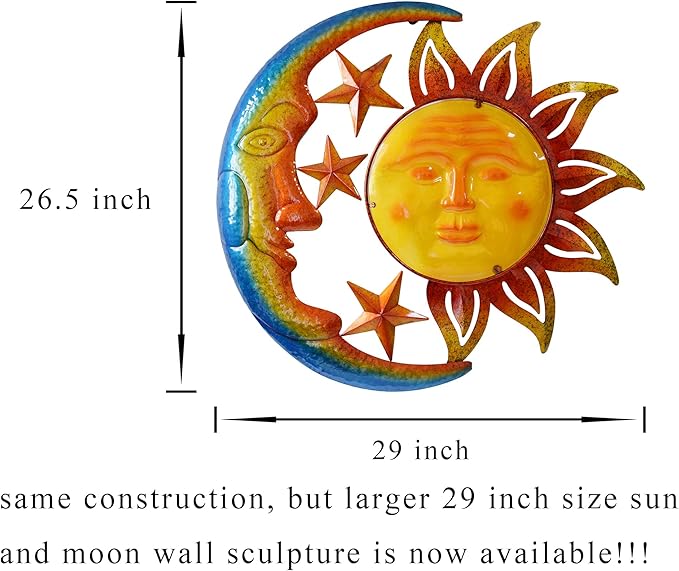 Metal Larger Size 32 Inch Sun Outdoor Wall Art Decor with Moon & Stars,Hanging for Indoor Outdoor Patio Garden Fence Deck Yard Pool Wall Sculpture Decoration for Living Room Bedroom