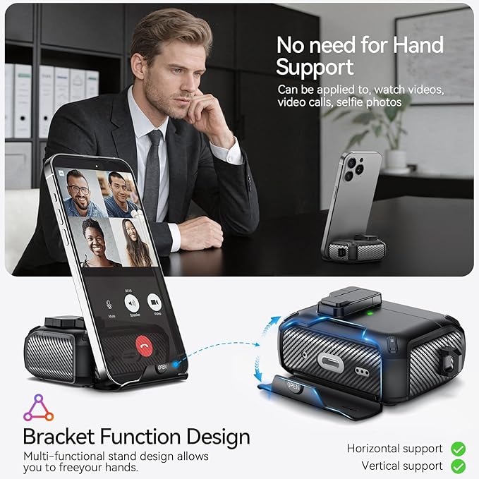 for AirPods Pro 2nd/1st Case (2023/2022/2019) with Phone Stand,（with Automatic Snap Switch） Carbon Fiber Design Protection Cover with Cleaning Pen,Black