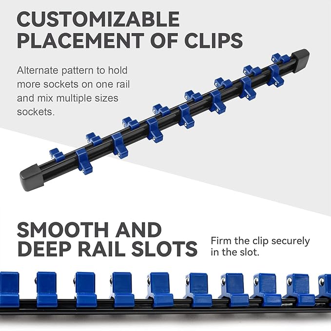 ALOANES 30PC ABS Socket Organizer, Socket Rails Fit 1/2 inch, 3/8 inch and 1/4 inch Drive, Heavy Duty Socket Holders Hold up to 430 Sockets, Black Rails with Blue Clips