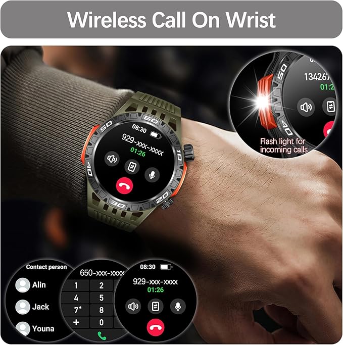 YoYoFit Military Smart Watch with LED Flashlight, Compass, SOS, Rugged Tactical Bluetooth Answer/Dial Calls, Heart Rate Blood Pressure Sleep Monitor Compatible for Android and iOS, Green